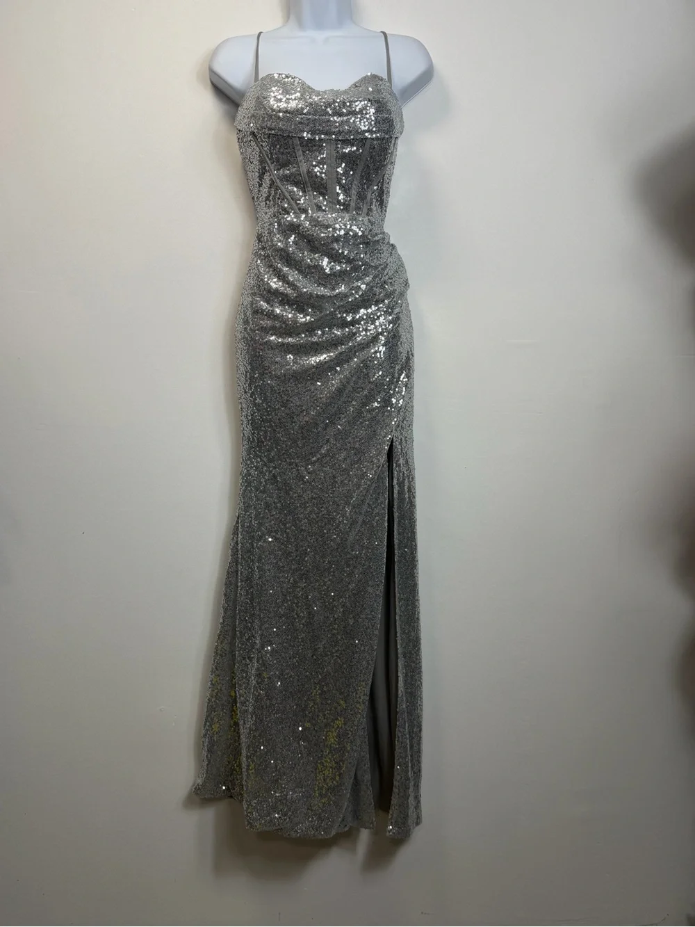 Sequin Corset Evening Gown in Silver - Picture 2 of 15
